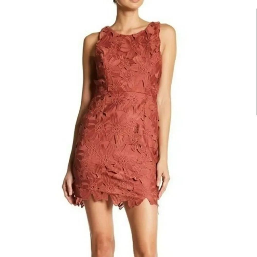ASTR The Label Floral Lace Overlay Dress Coral Pink
